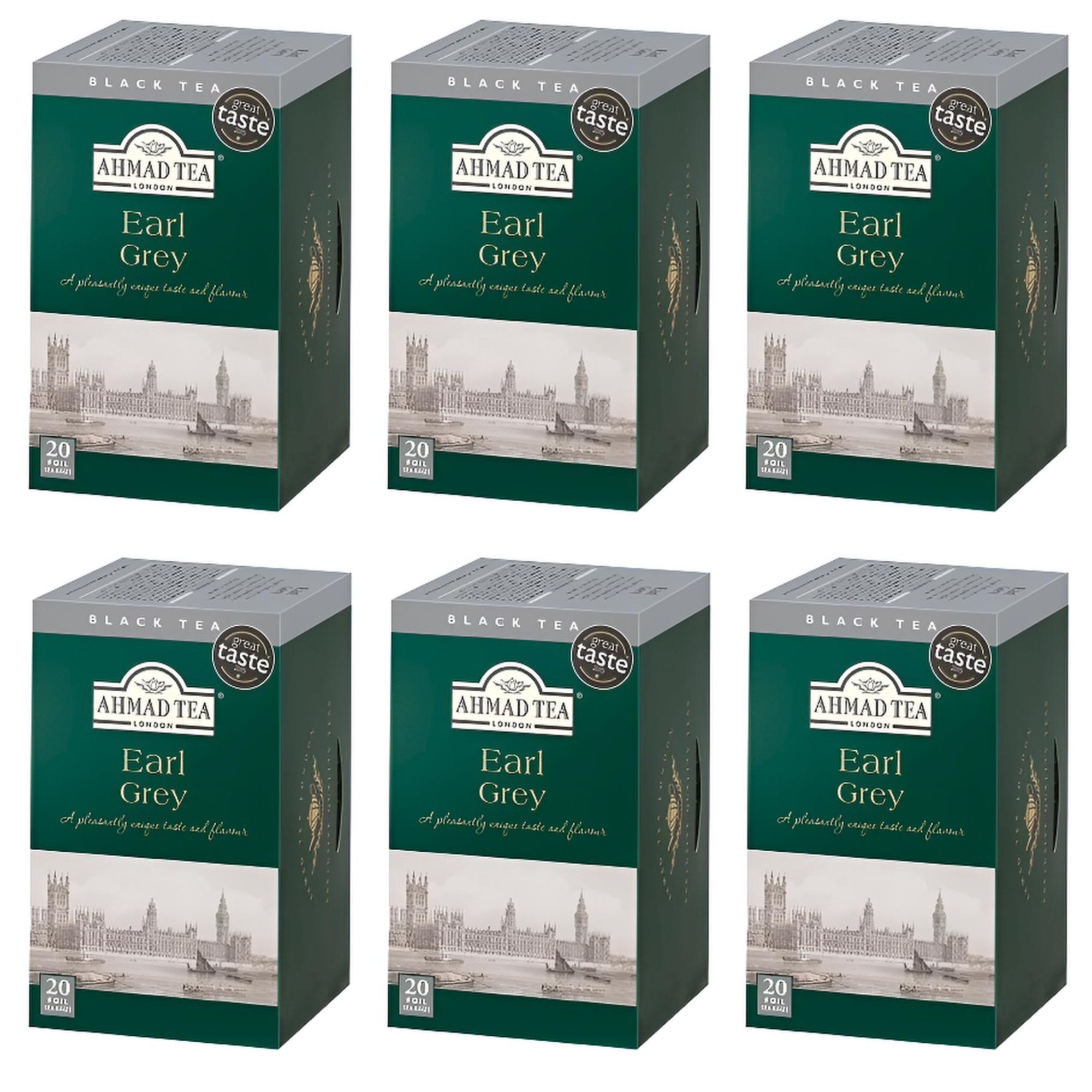 СЕТ: 6 x Чай Earl Grey «Ahmad Tea», чёрный, 20 пакетиков × 2 г (в алюминиевых пакетах)