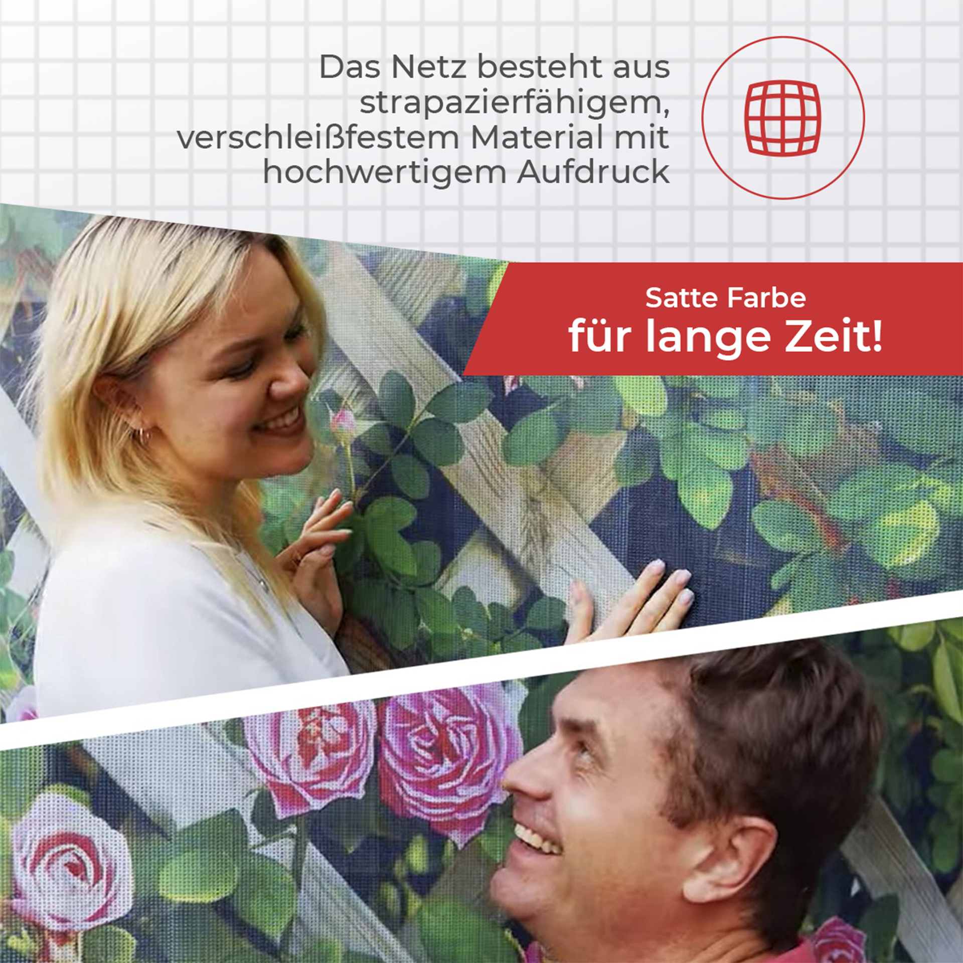 Fotofassade mit Aufdruck "Heiteres Leben", Blühender Garten, 90x158 cm