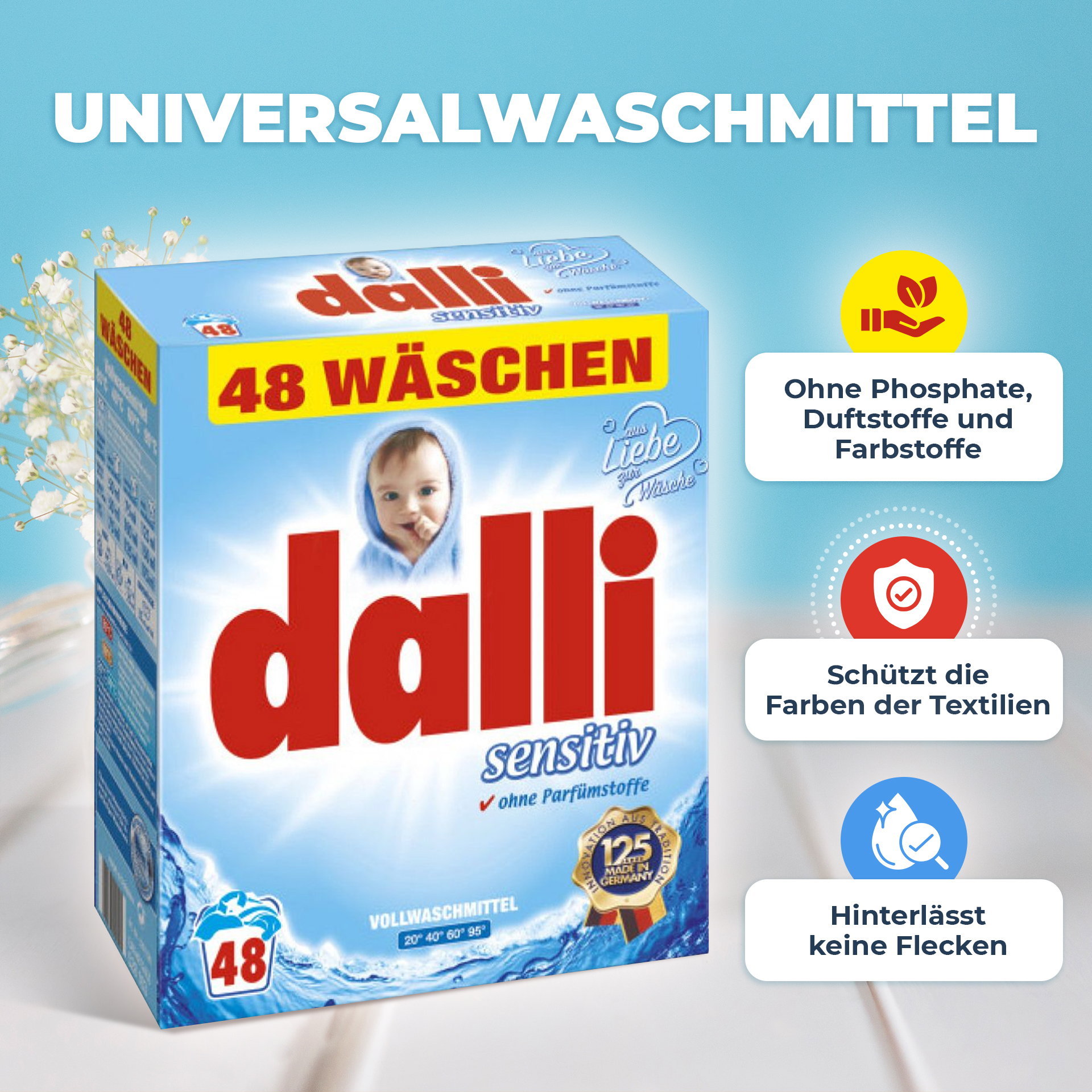 Vollwaschmittel Dalli Sensitiv, phosphat-, parfüm- und farbstofffrei, 48 Wäschen