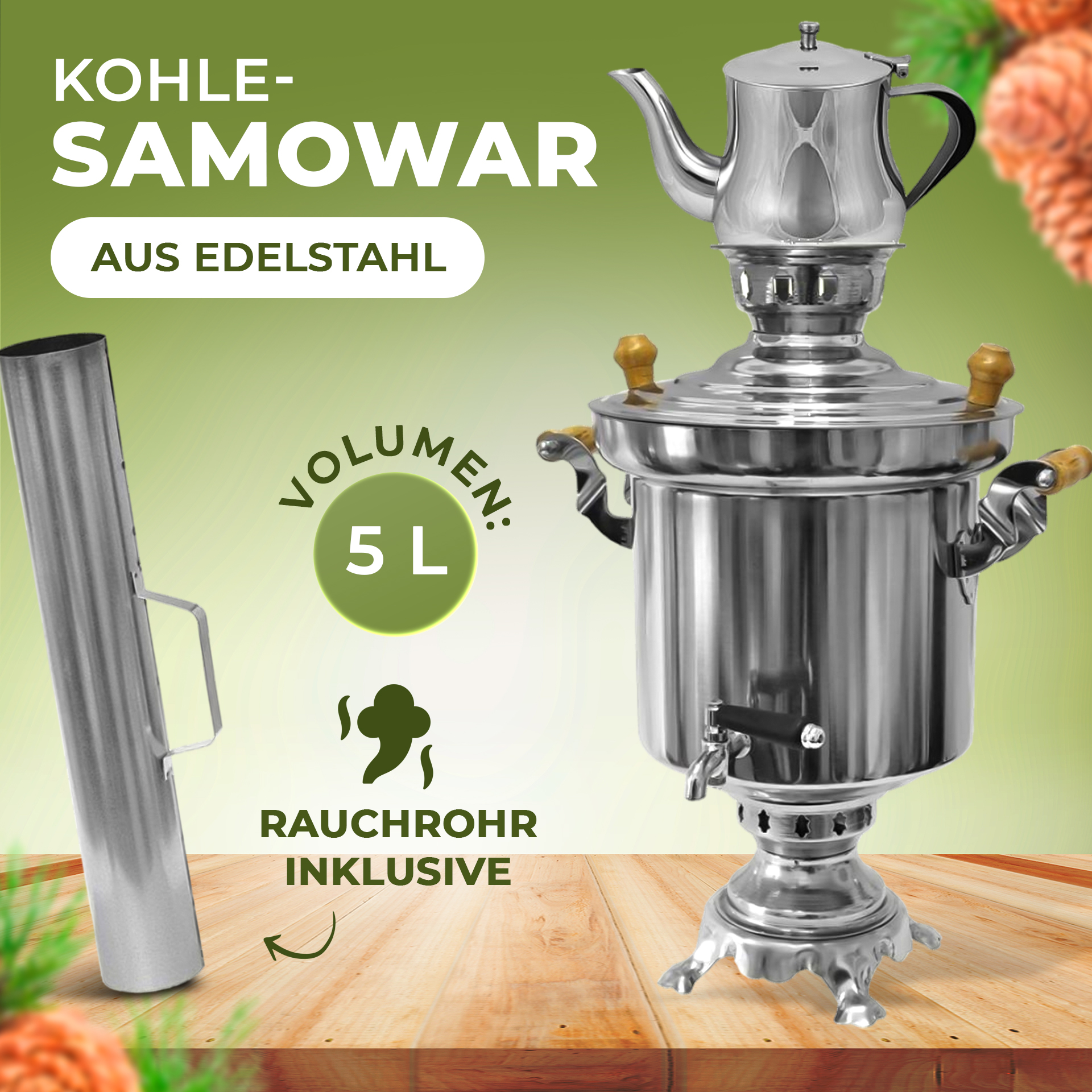 Edelstahl-Holzkohle-Samowar 5 Liter