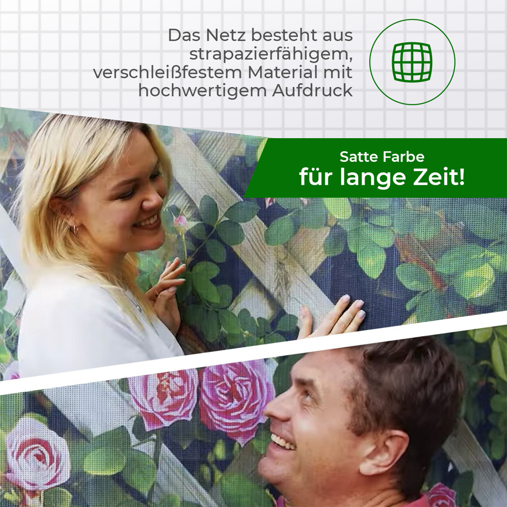 Fotofassade mit Aufdruck "Heiteres Leben", Gartenblumen, 310x158 cm