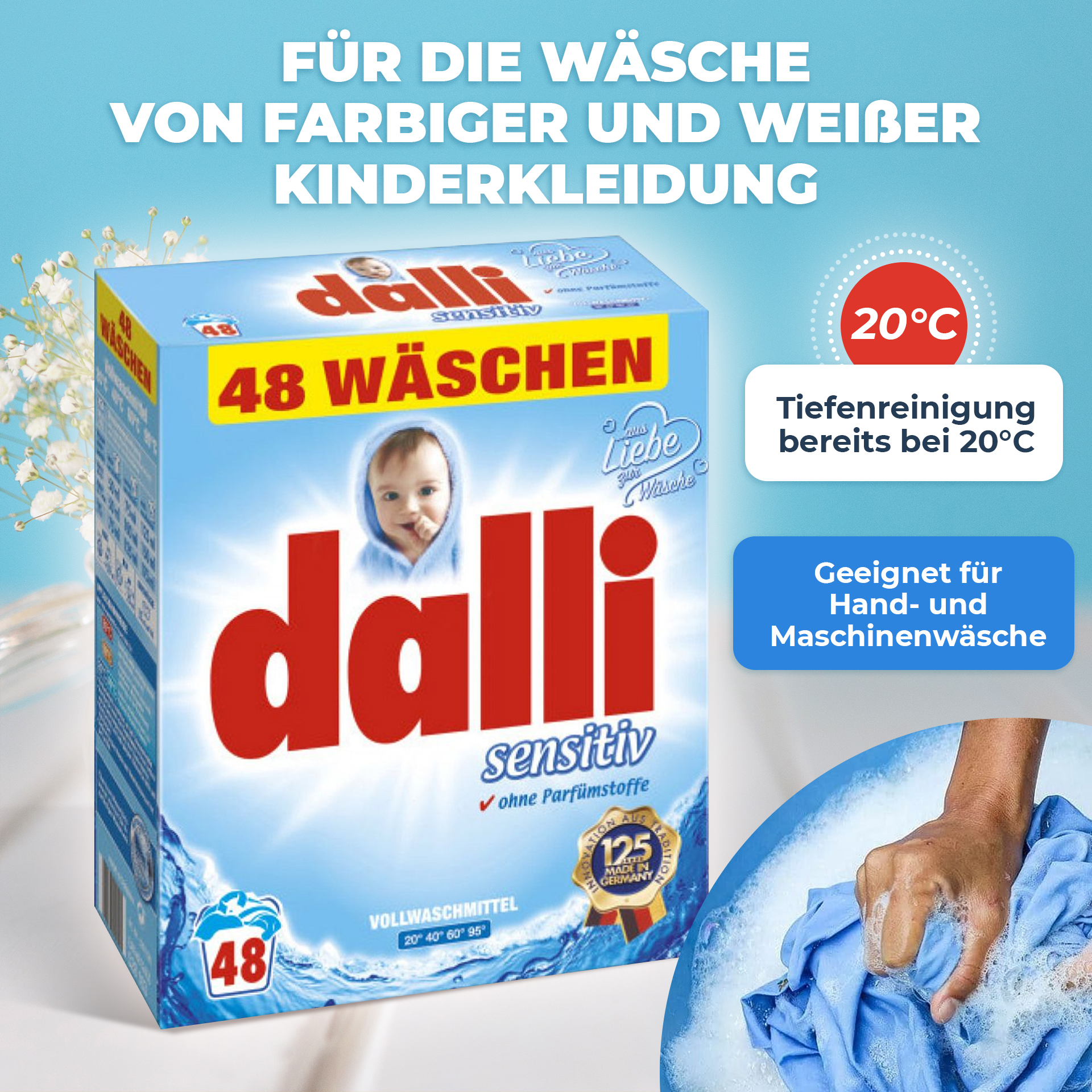 Vollwaschmittel Dalli Sensitiv, phosphat-, parfüm- und farbstofffrei, 48 Wäschen