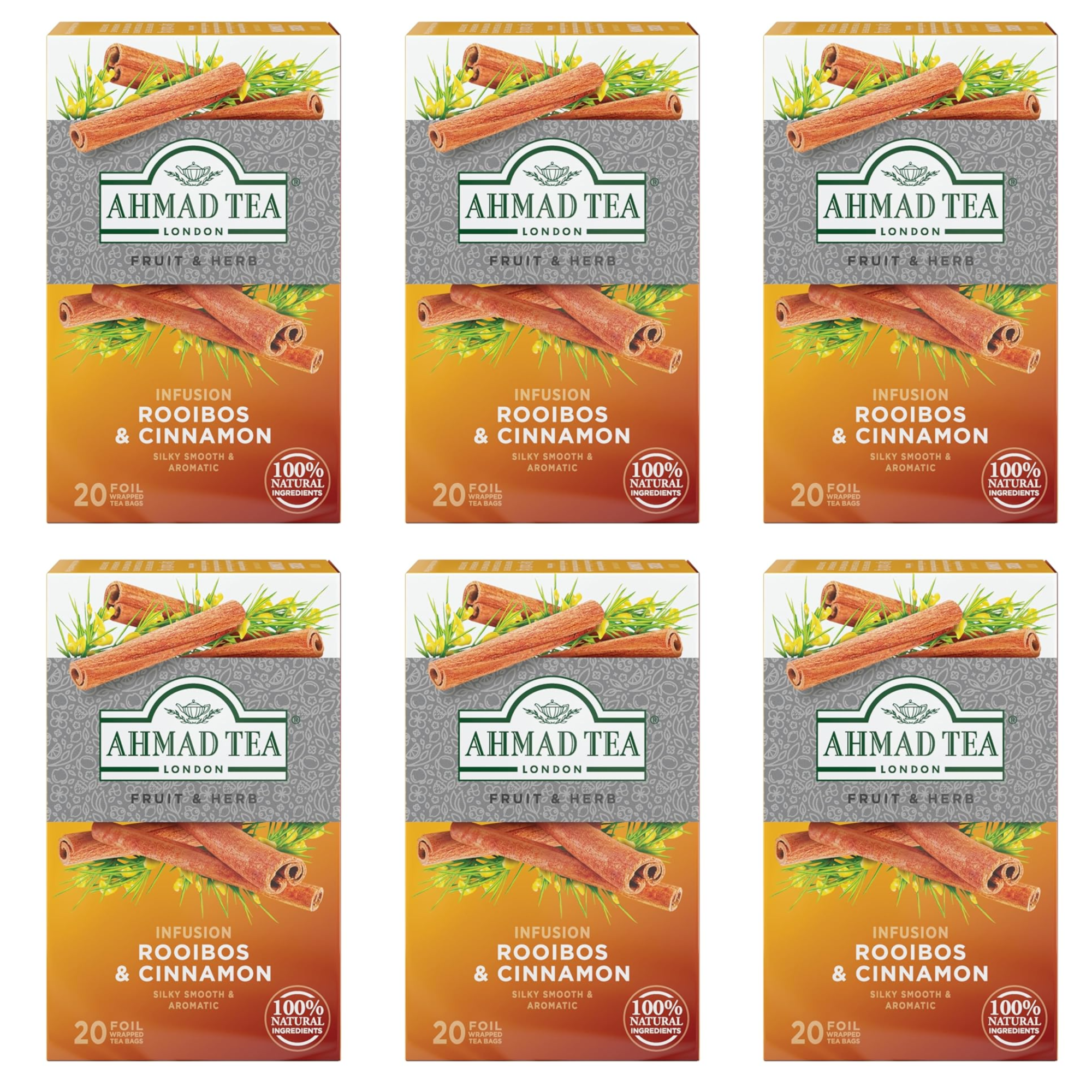 СЕТ: 6 x Чай Ройбуш & Корица «Ahmad Tea», 20 пакетиков × 1,5 г (в алюминиевых пакетах)