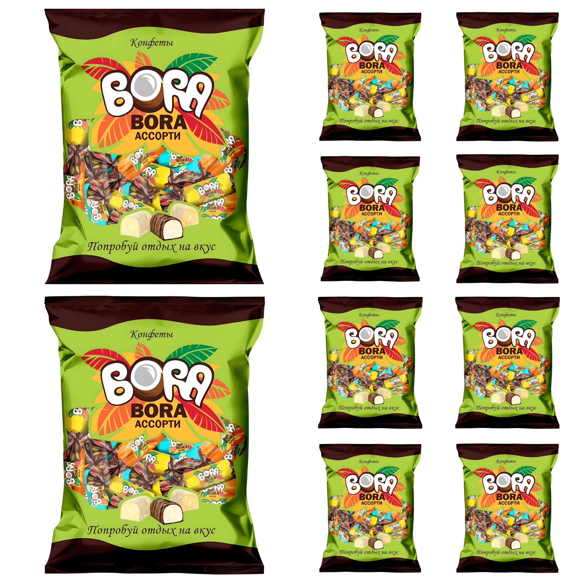 SET: 10 x Bonbon Bora-Bora sortiert Kokosnuss, Mango, Zitrone, 200g